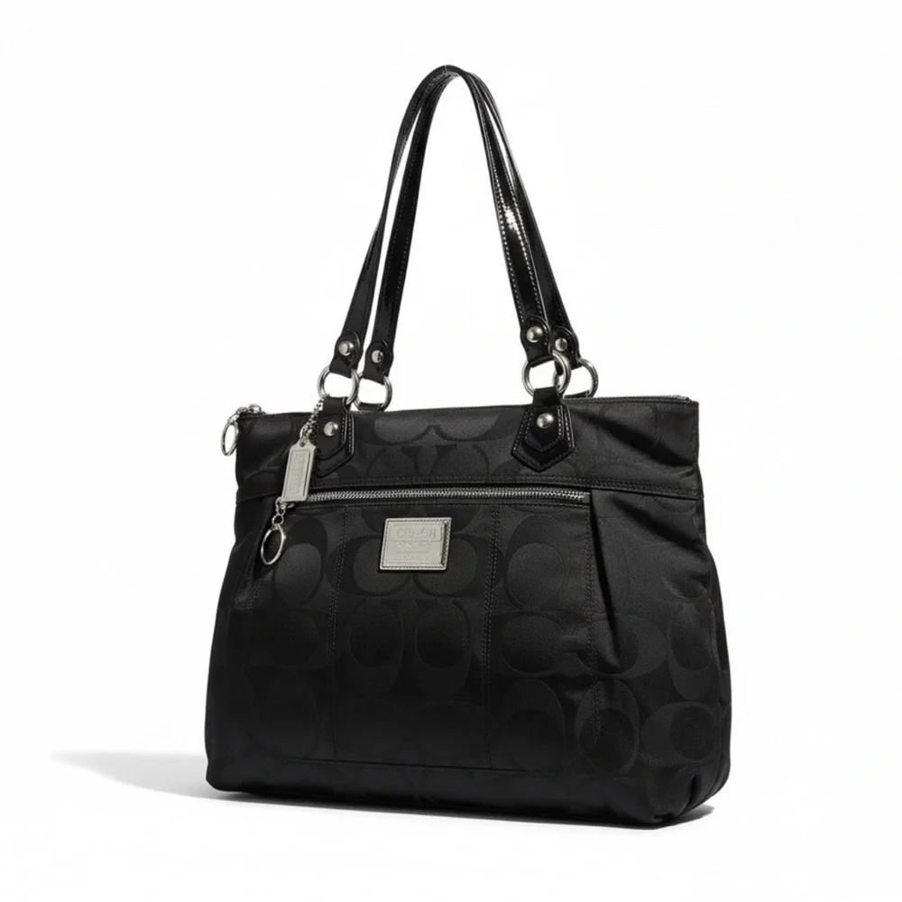 ✨ Coach Poppy Black Signature Tote Pink Satin Lining Patent Trim EUC